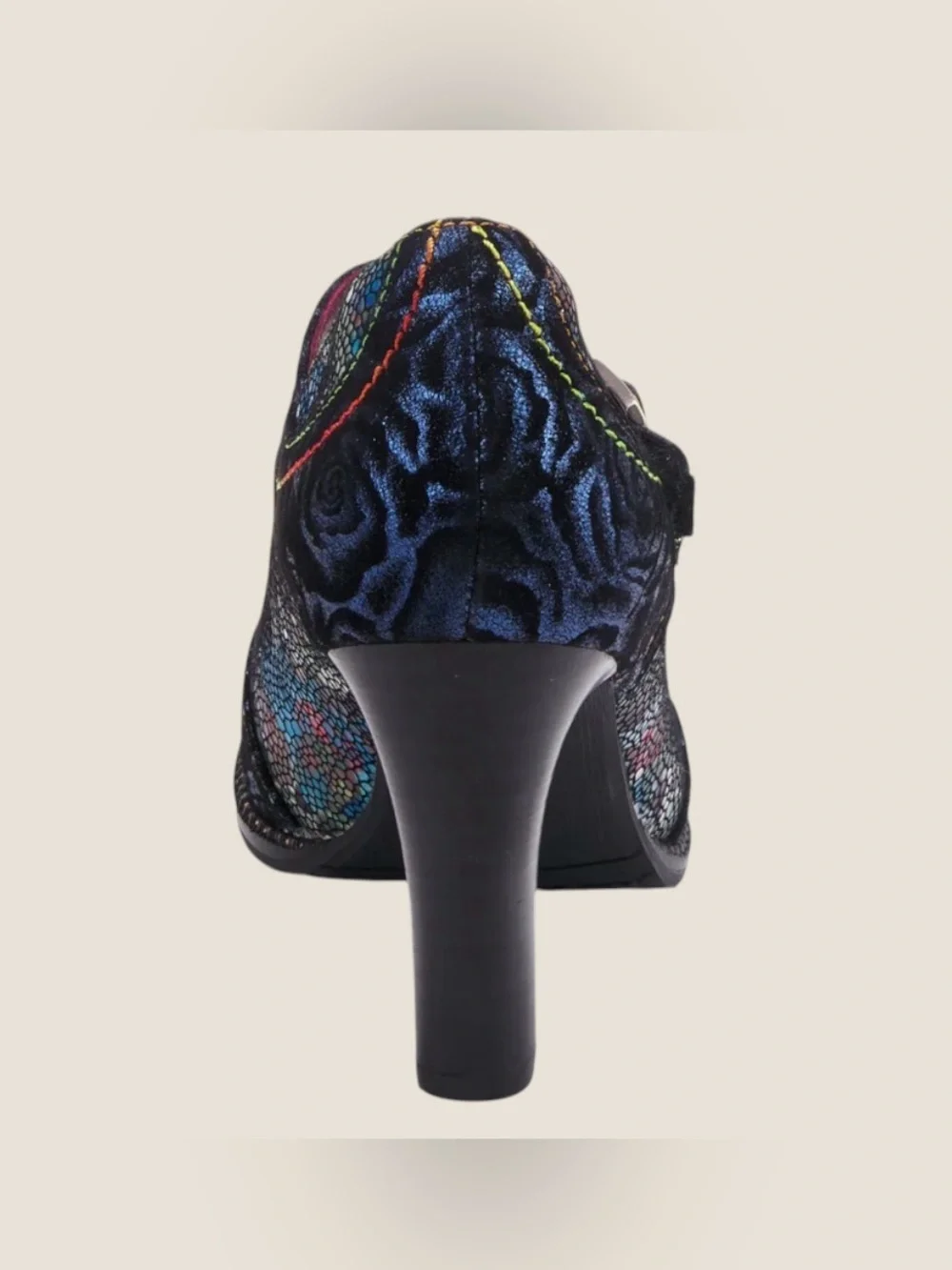 L'Artiste Mazie Navy Leather Floral Mosaic T-Bar Heels